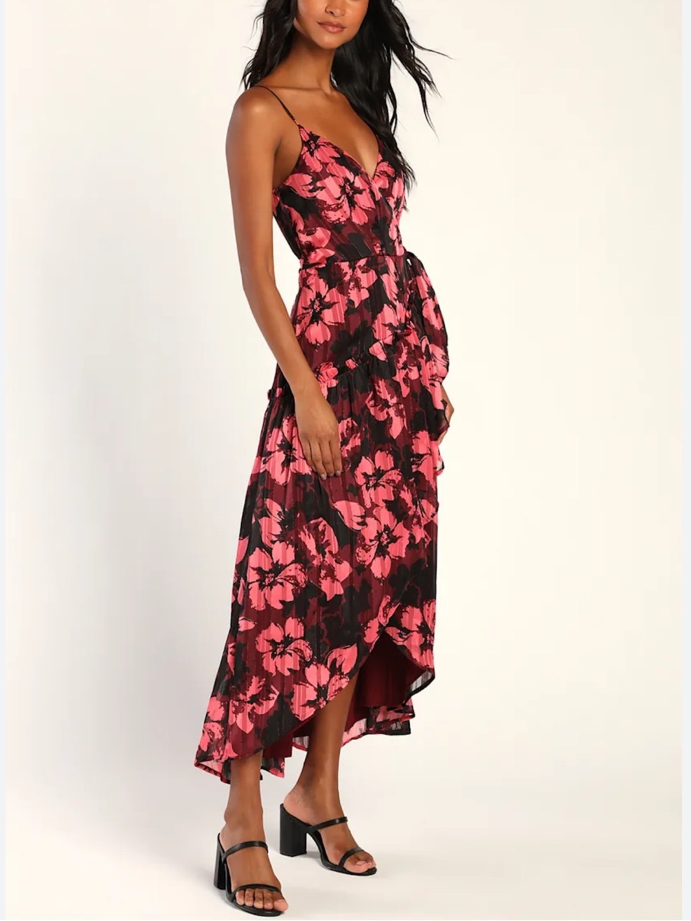 Romantic Lulu's Winning Your Heart Floral Lurex High-Low Wrap Midi Dress -S